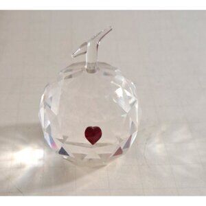 Clear Crystal Apple Paperweight Sculpture With Red Heart 1.5" Art Glass Faceted